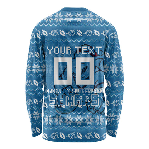 Personalized Cronulla Sharks Christmas Long Sleeve Shirt Australian Rugby Fans - Pixelated Ugly Xmas Pattern Mascot Santa