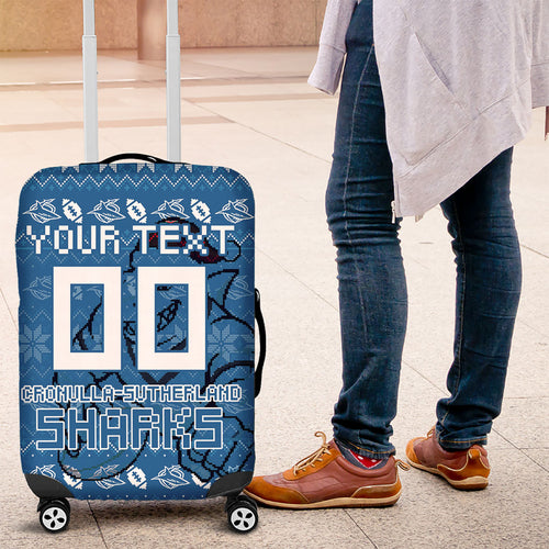Personalized Cronulla Sharks Christmas Luggage Cover Australian Rugby Fans - Pixelated Ugly Xmas Pattern Mascot Santa