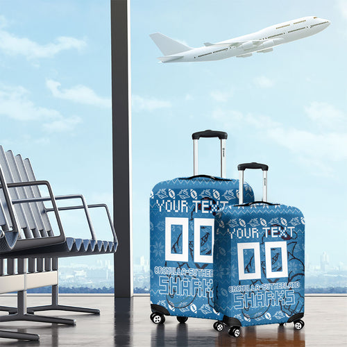Personalized Cronulla Sharks Christmas Luggage Cover Australian Rugby Fans - Pixelated Ugly Xmas Pattern Mascot Santa