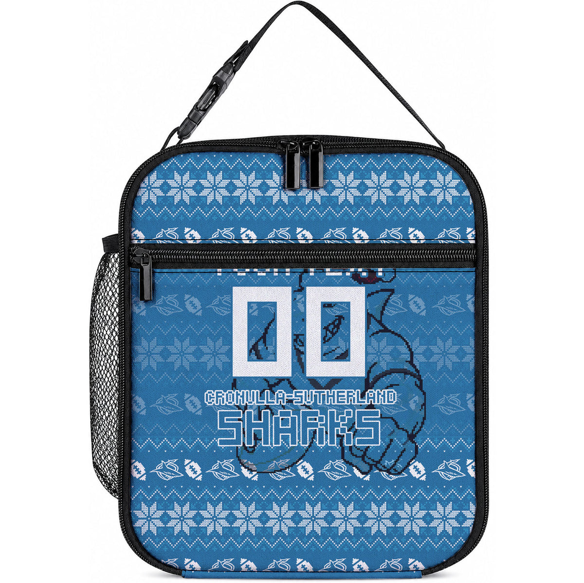 Personalized Cronulla Sharks Christmas Lunch Bag Australian Rugby Fans - Pixelated Ugly Xmas Pattern Mascot Santa