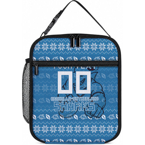 Personalized Cronulla Sharks Christmas Lunch Bag Australian Rugby Fans - Pixelated Ugly Xmas Pattern Mascot Santa