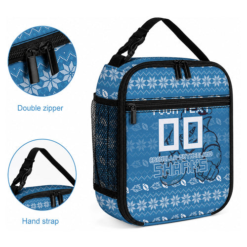 Personalized Cronulla Sharks Christmas Lunch Bag Australian Rugby Fans - Pixelated Ugly Xmas Pattern Mascot Santa