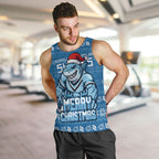Personalized Cronulla Sharks Christmas Men Tank Top Australian Rugby Fans - Pixelated Ugly Xmas Pattern Mascot Santa
