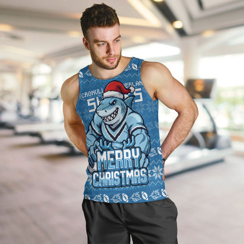 Personalized Cronulla Sharks Christmas Men Tank Top Australian Rugby Fans - Pixelated Ugly Xmas Pattern Mascot Santa