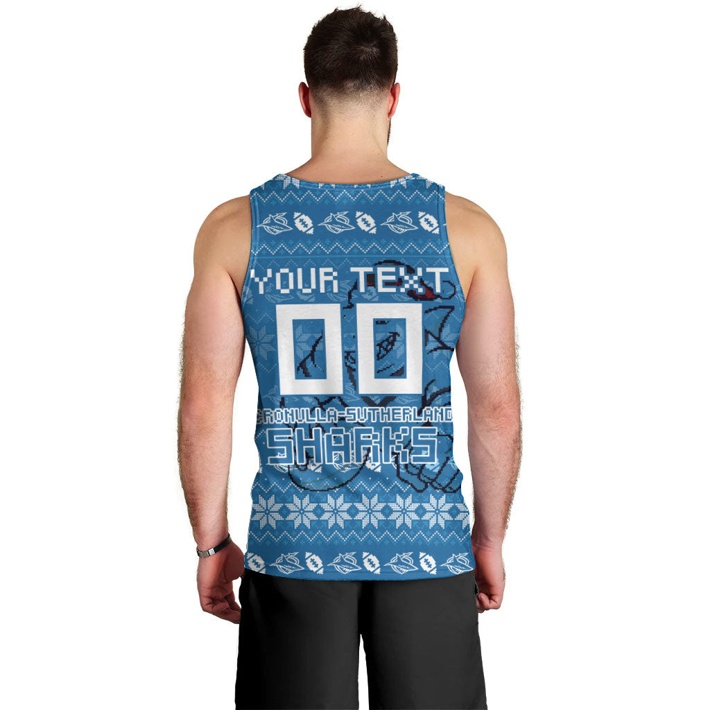 Personalized Cronulla Sharks Christmas Men Tank Top Australian Rugby Fans - Pixelated Ugly Xmas Pattern Mascot Santa