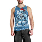 Personalized Cronulla Sharks Christmas Men Tank Top Australian Rugby Fans - Pixelated Ugly Xmas Pattern Mascot Santa