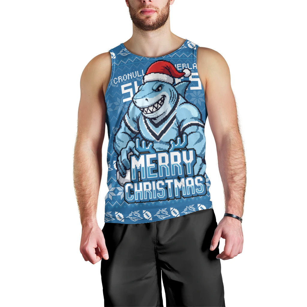 Personalized Cronulla Sharks Christmas Men Tank Top Australian Rugby Fans - Pixelated Ugly Xmas Pattern Mascot Santa
