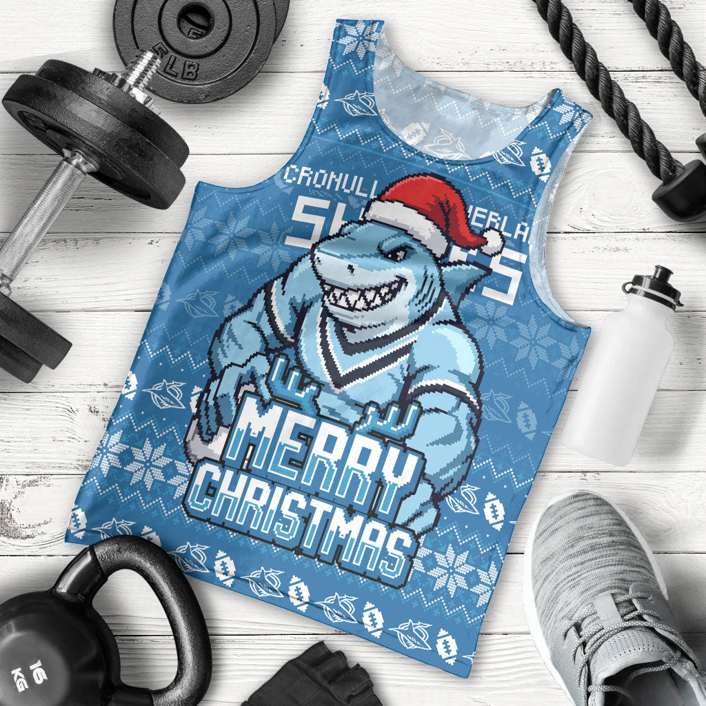 Personalized Cronulla Sharks Christmas Men Tank Top Australian Rugby Fans - Pixelated Ugly Xmas Pattern Mascot Santa