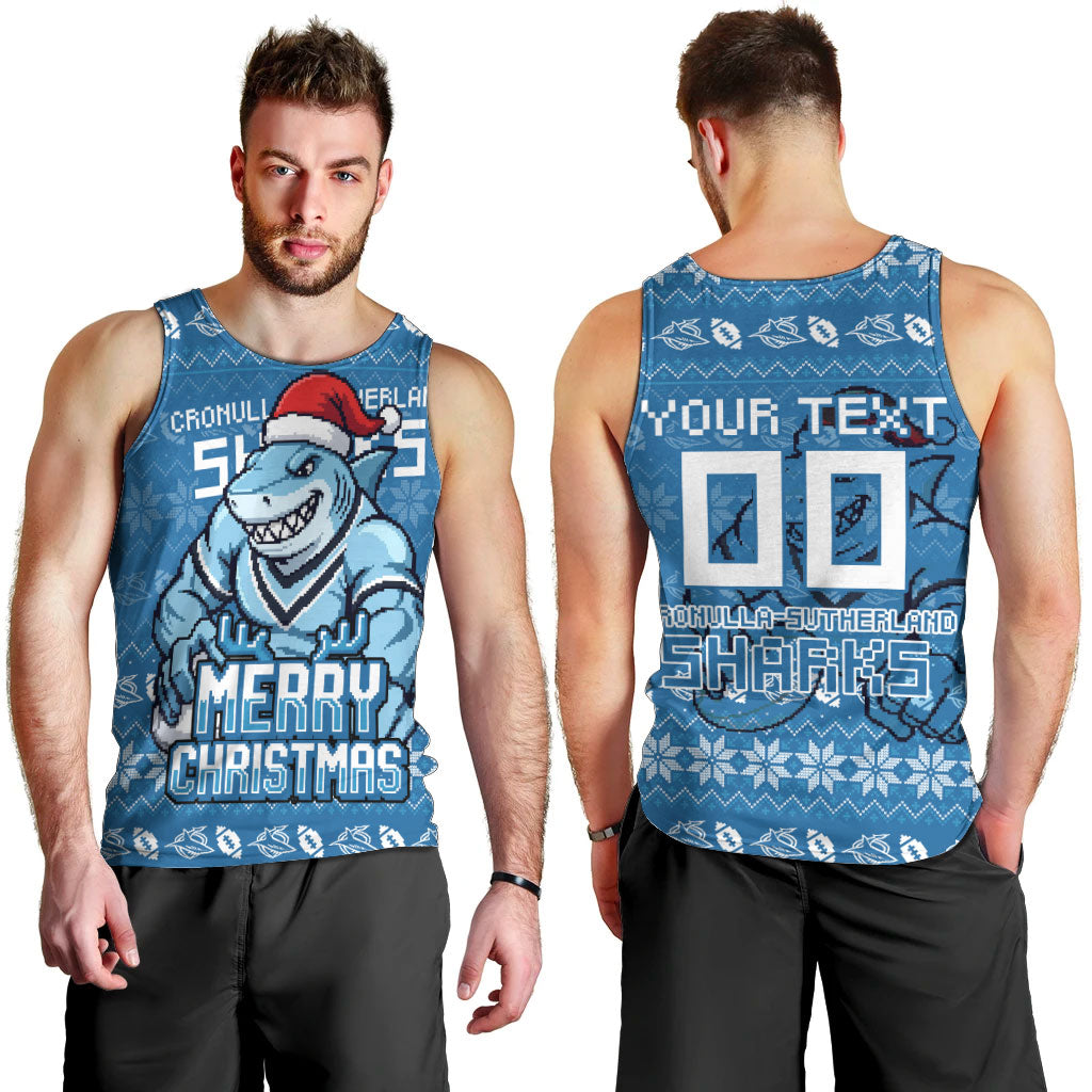 Personalized Cronulla Sharks Christmas Men Tank Top Australian Rugby Fans - Pixelated Ugly Xmas Pattern Mascot Santa