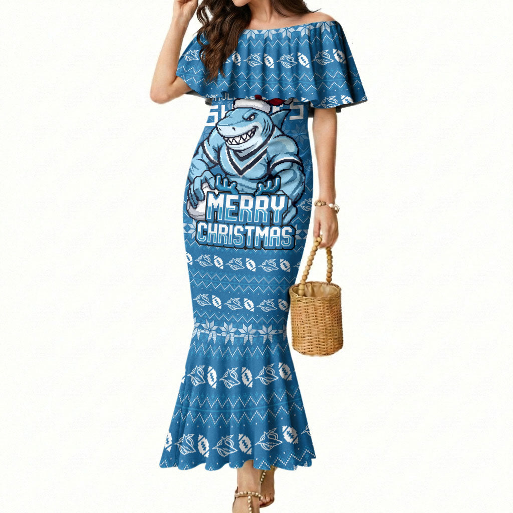 Personalized Cronulla Sharks Christmas Mermaid Dress Australian Rugby Fans - Pixelated Ugly Xmas Pattern Mascot Santa