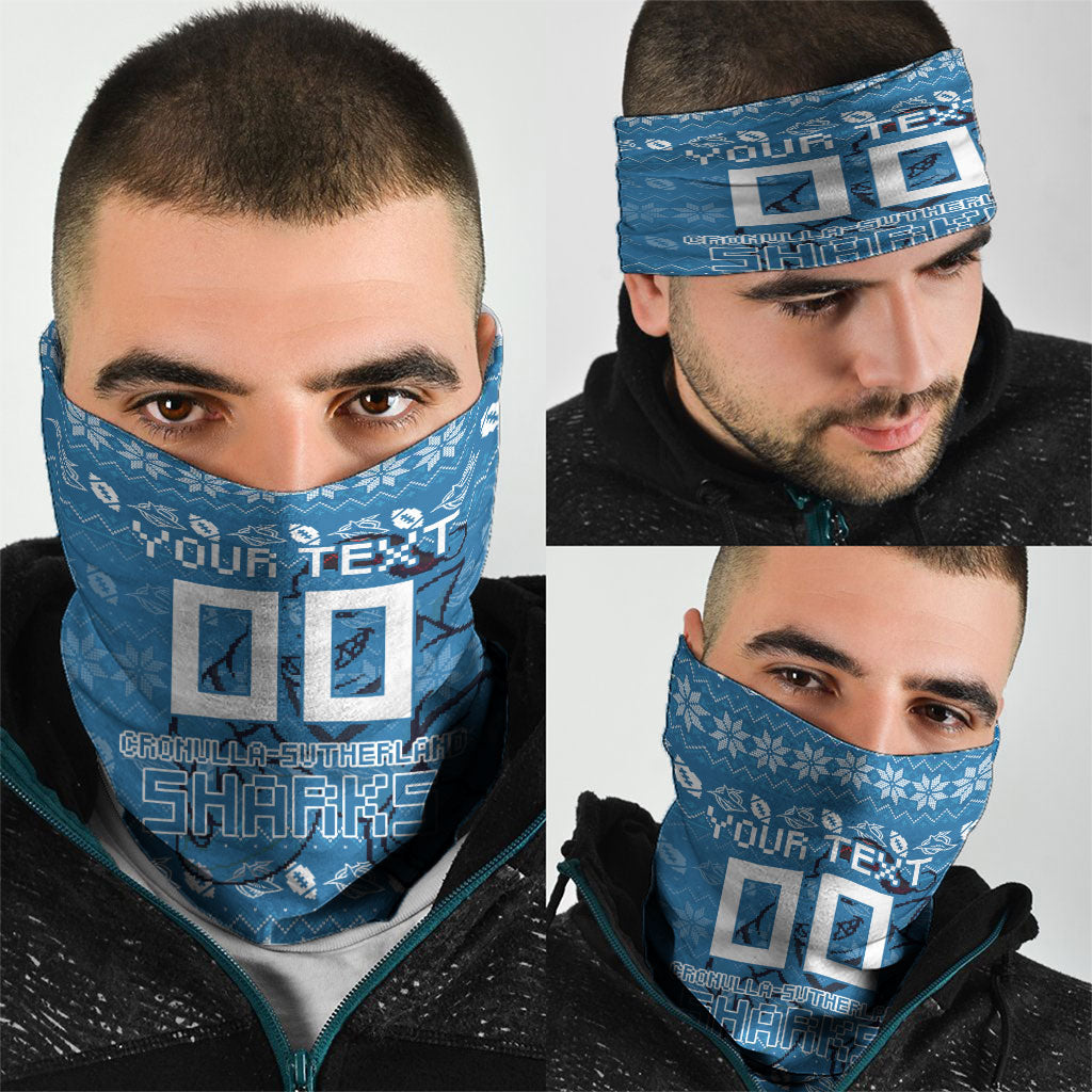 Personalized Cronulla Sharks Christmas Neck Gaiter Australian Rugby Fans - Pixelated Ugly Xmas Pattern Mascot Santa
