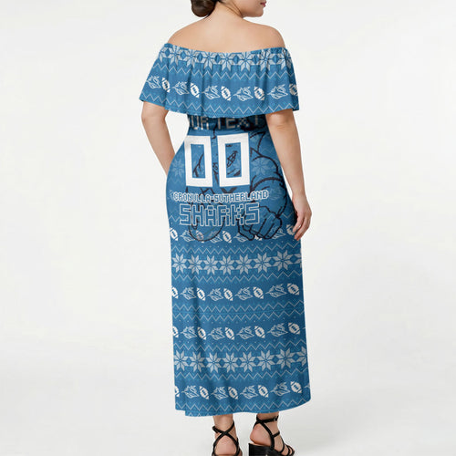 Personalized Cronulla Sharks Christmas Off Shoulder Maxi Dress Australian Rugby Fans - Pixelated Ugly Xmas Pattern Mascot Santa