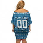 Personalized Cronulla Sharks Christmas Off Shoulder Short Dress Australian Rugby Fans - Pixelated Ugly Xmas Pattern Mascot Santa