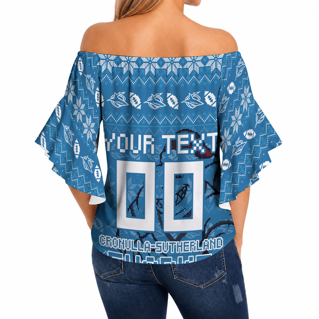 Personalized Cronulla Sharks Christmas Off Shoulder Wrap Waist Top Australian Rugby Fans - Pixelated Ugly Xmas Pattern Mascot Santa