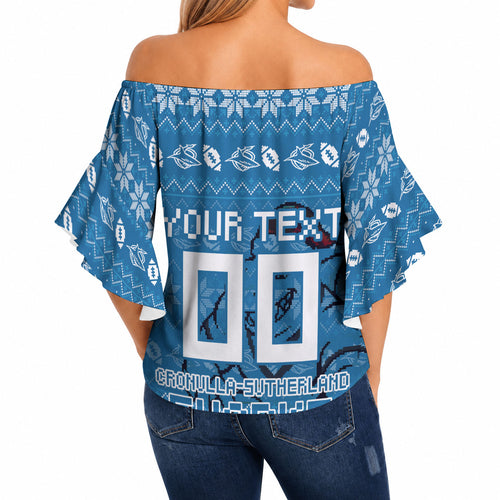 Personalized Cronulla Sharks Christmas Off Shoulder Wrap Waist Top Australian Rugby Fans - Pixelated Ugly Xmas Pattern Mascot Santa