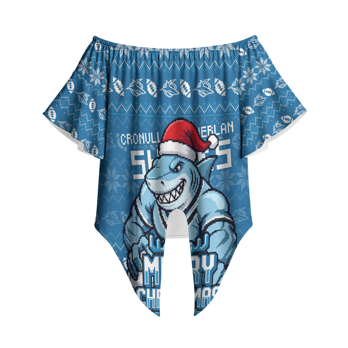 Personalized Cronulla Sharks Christmas Off Shoulder Wrap Waist Top Australian Rugby Fans - Pixelated Ugly Xmas Pattern Mascot Santa