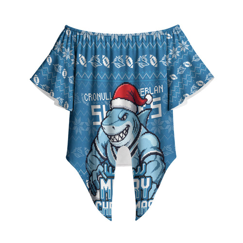 Personalized Cronulla Sharks Christmas Off Shoulder Wrap Waist Top Australian Rugby Fans - Pixelated Ugly Xmas Pattern Mascot Santa