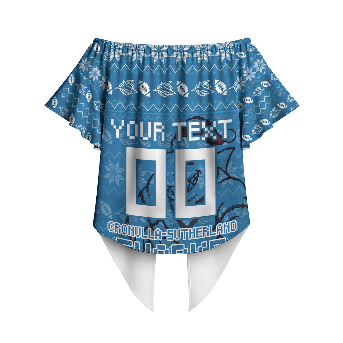 Personalized Cronulla Sharks Christmas Off Shoulder Wrap Waist Top Australian Rugby Fans - Pixelated Ugly Xmas Pattern Mascot Santa