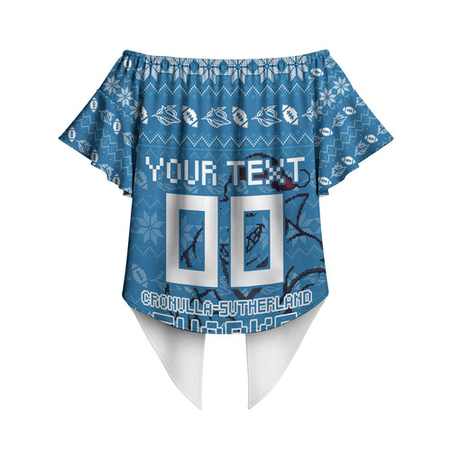 Personalized Cronulla Sharks Christmas Off Shoulder Wrap Waist Top Australian Rugby Fans - Pixelated Ugly Xmas Pattern Mascot Santa