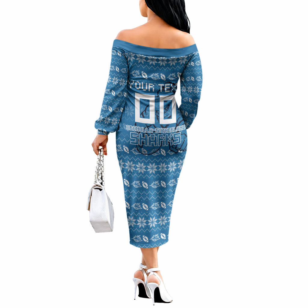 Personalized Cronulla Sharks Christmas Off The Shoulder Long Sleeve Dress Australian Rugby Fans - Pixelated Ugly Xmas Pattern Mascot Santa