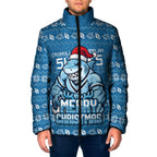 Personalized Cronulla Sharks Christmas Padded Jacket Australian Rugby Fans - Pixelated Ugly Xmas Pattern Mascot Santa