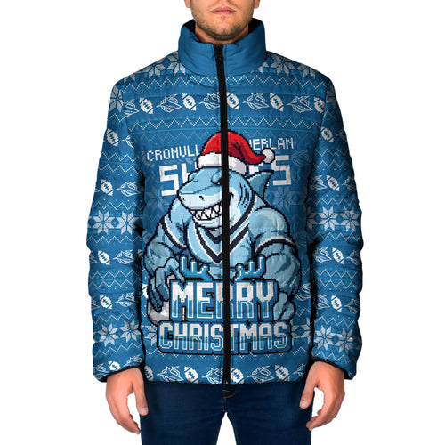 Personalized Cronulla Sharks Christmas Padded Jacket Australian Rugby Fans - Pixelated Ugly Xmas Pattern Mascot Santa
