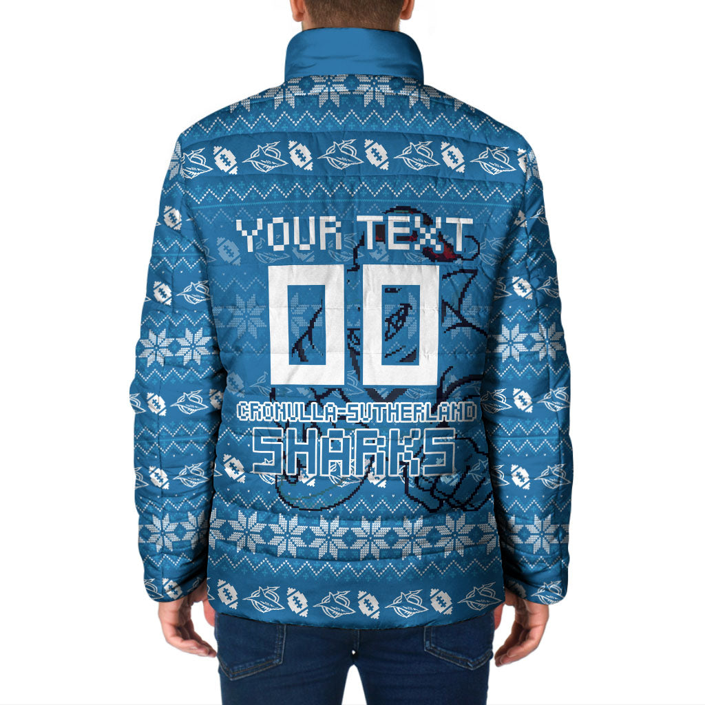 Personalized Cronulla Sharks Christmas Padded Jacket Australian Rugby Fans - Pixelated Ugly Xmas Pattern Mascot Santa
