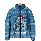 Personalized Cronulla Sharks Christmas Padded Jacket Australian Rugby Fans - Pixelated Ugly Xmas Pattern Mascot Santa