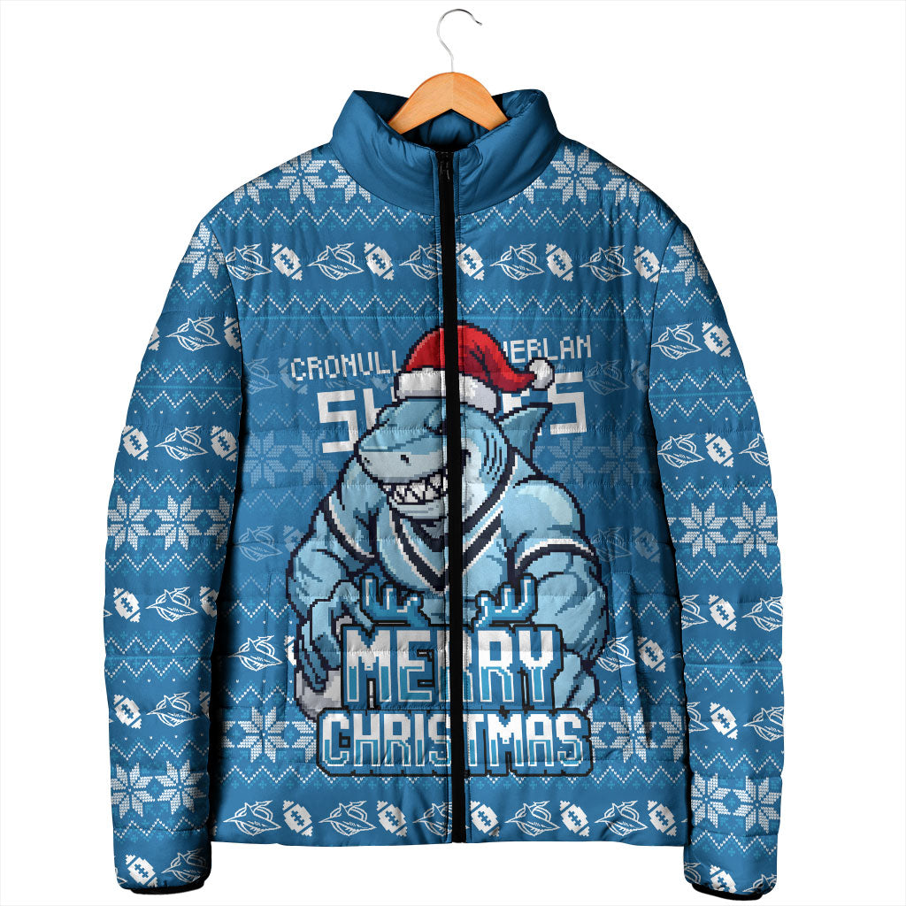 Personalized Cronulla Sharks Christmas Padded Jacket Australian Rugby Fans - Pixelated Ugly Xmas Pattern Mascot Santa