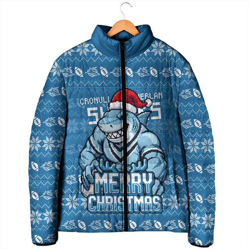 Personalized Cronulla Sharks Christmas Padded Jacket Australian Rugby Fans - Pixelated Ugly Xmas Pattern Mascot Santa