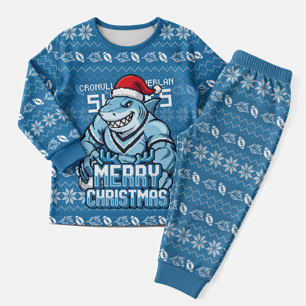 Personalized Cronulla Sharks Christmas Pajama Set Australian Rugby Fans - Pixelated Ugly Xmas Pattern Mascot Santa