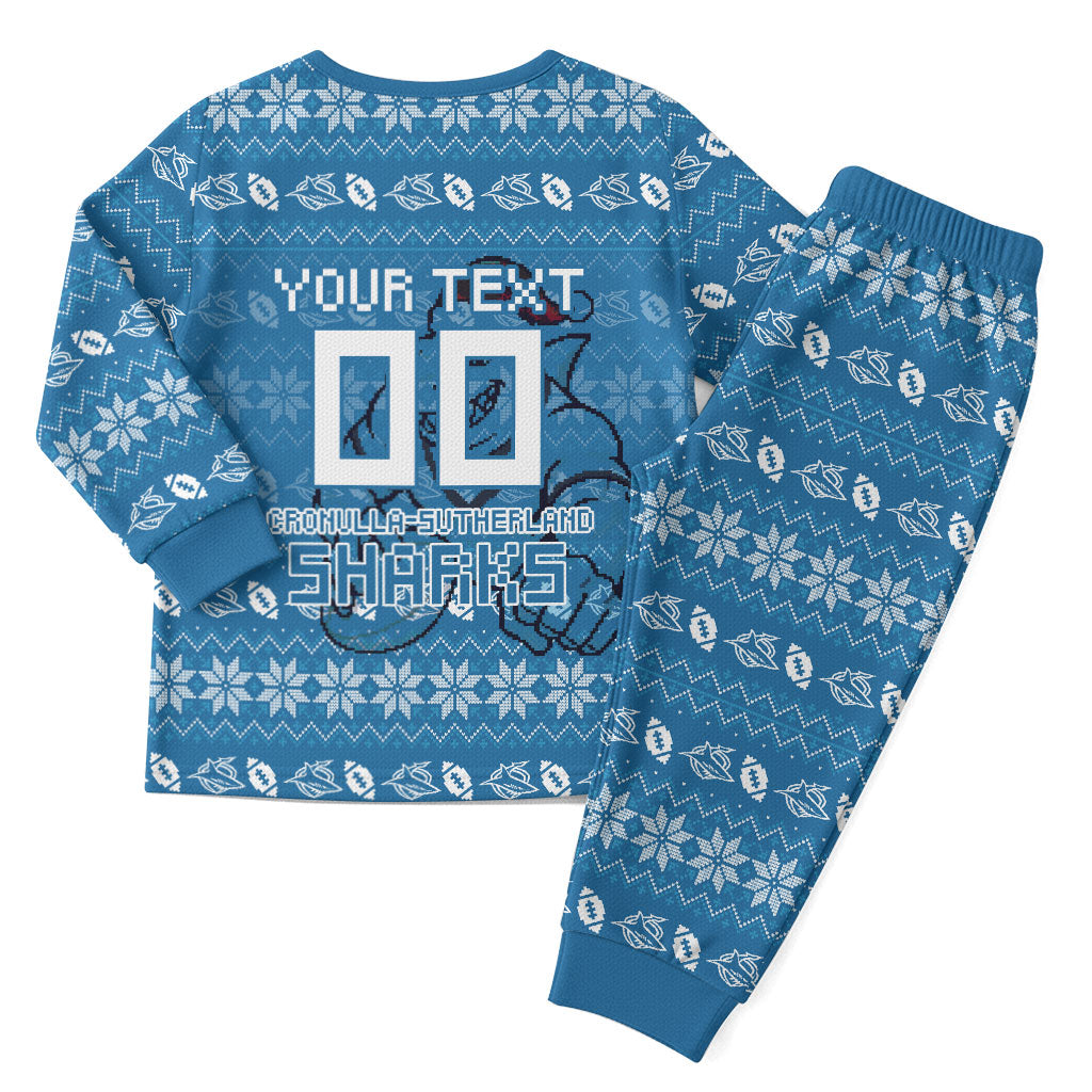 Personalized Cronulla Sharks Christmas Pajama Set Australian Rugby Fans - Pixelated Ugly Xmas Pattern Mascot Santa