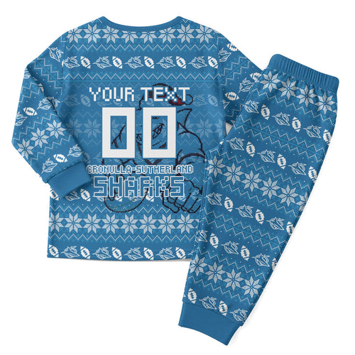 Personalized Cronulla Sharks Christmas Pajama Set Australian Rugby Fans - Pixelated Ugly Xmas Pattern Mascot Santa