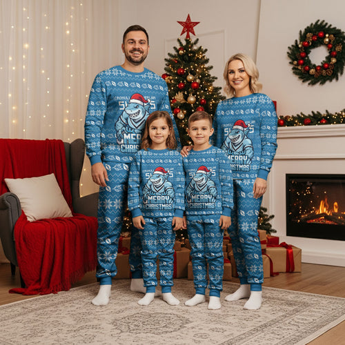 Personalized Cronulla Sharks Christmas Pajama Set Australian Rugby Fans - Pixelated Ugly Xmas Pattern Mascot Santa