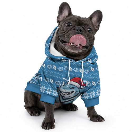 Personalized Cronulla Sharks Christmas Pet Hoodie Australian Rugby Fans - Pixelated Ugly Xmas Pattern Mascot Santa