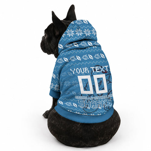Personalized Cronulla Sharks Christmas Pet Hoodie Australian Rugby Fans - Pixelated Ugly Xmas Pattern Mascot Santa