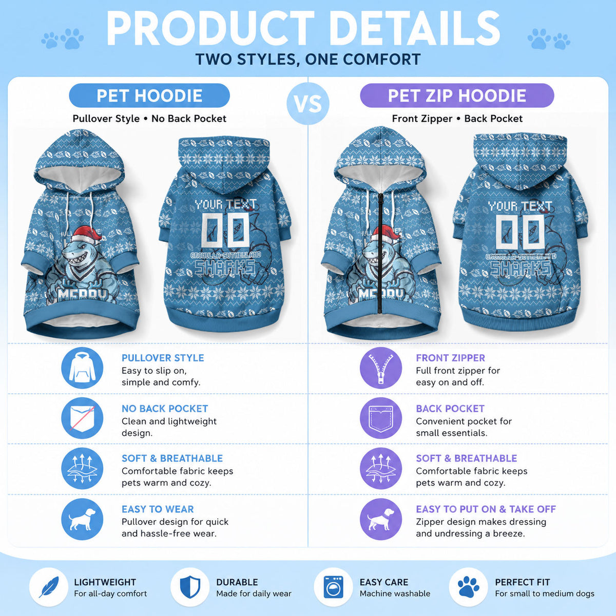 Personalized Cronulla Sharks Christmas Pet Hoodie Australian Rugby Fans - Pixelated Ugly Xmas Pattern Mascot Santa