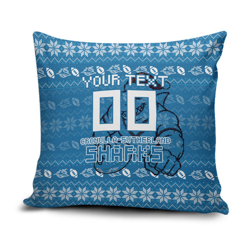 Personalized Cronulla Sharks Christmas Pillow Cover Australian Rugby Fans - Pixelated Ugly Xmas Pattern Mascot Santa