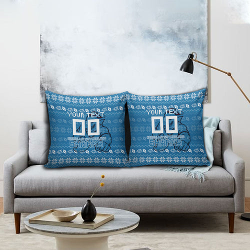 Personalized Cronulla Sharks Christmas Pillow Cover Australian Rugby Fans - Pixelated Ugly Xmas Pattern Mascot Santa