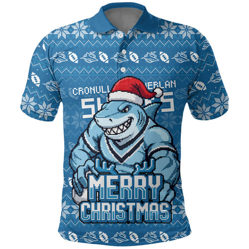 Personalized Cronulla Sharks Christmas Polo Shirt Australian Rugby Fans - Pixelated Ugly Xmas Pattern Mascot Santa