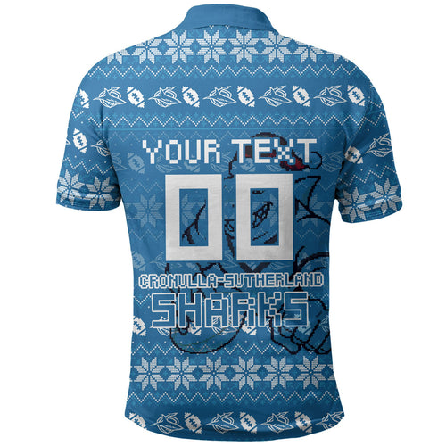 Personalized Cronulla Sharks Christmas Polo Shirt Australian Rugby Fans - Pixelated Ugly Xmas Pattern Mascot Santa