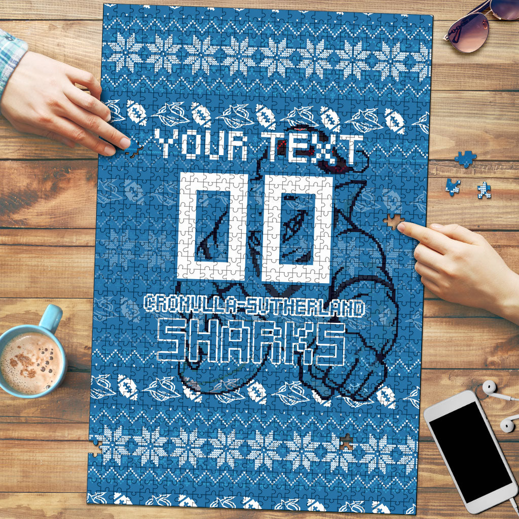 Personalized Cronulla Sharks Christmas Puzzle Australian Rugby Fans - Pixelated Ugly Xmas Pattern Mascot Santa