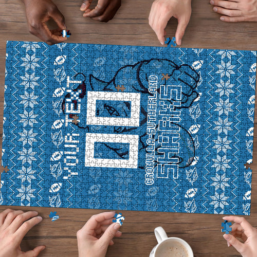 Personalized Cronulla Sharks Christmas Puzzle Australian Rugby Fans - Pixelated Ugly Xmas Pattern Mascot Santa