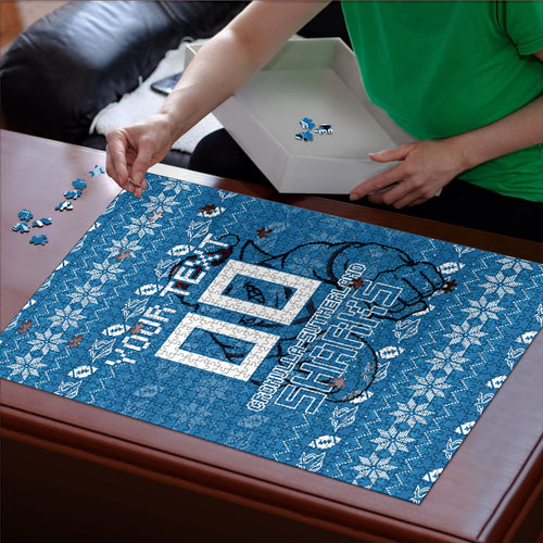Personalized Cronulla Sharks Christmas Puzzle Australian Rugby Fans - Pixelated Ugly Xmas Pattern Mascot Santa