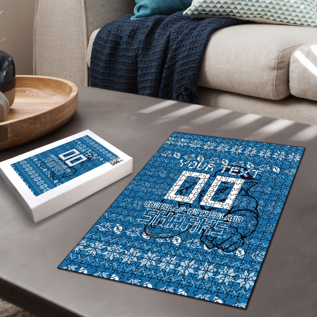 Personalized Cronulla Sharks Christmas Puzzle Australian Rugby Fans - Pixelated Ugly Xmas Pattern Mascot Santa