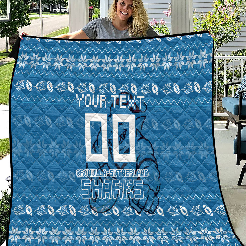 Personalized Cronulla Sharks Christmas Quilt Australian Rugby Fans - Pixelated Ugly Xmas Pattern Mascot Santa