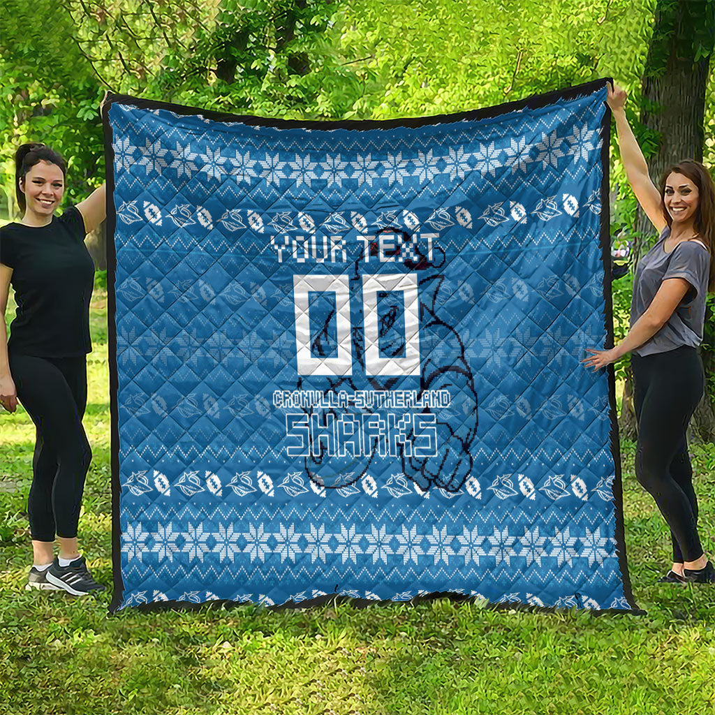 Personalized Cronulla Sharks Christmas Quilt Australian Rugby Fans - Pixelated Ugly Xmas Pattern Mascot Santa