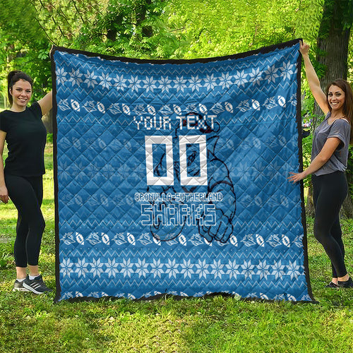 Personalized Cronulla Sharks Christmas Quilt Australian Rugby Fans - Pixelated Ugly Xmas Pattern Mascot Santa