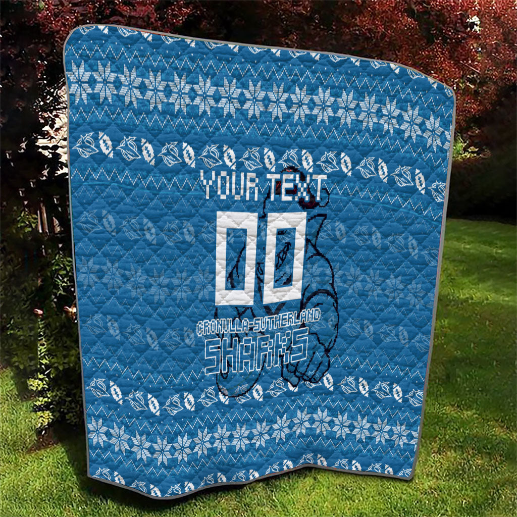 Personalized Cronulla Sharks Christmas Quilt Australian Rugby Fans - Pixelated Ugly Xmas Pattern Mascot Santa