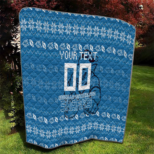 Personalized Cronulla Sharks Christmas Quilt Australian Rugby Fans - Pixelated Ugly Xmas Pattern Mascot Santa